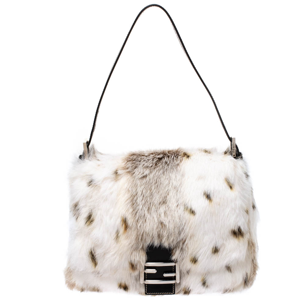 Fendi White/Brown Rabbit Fur and Leather Baguette Bag