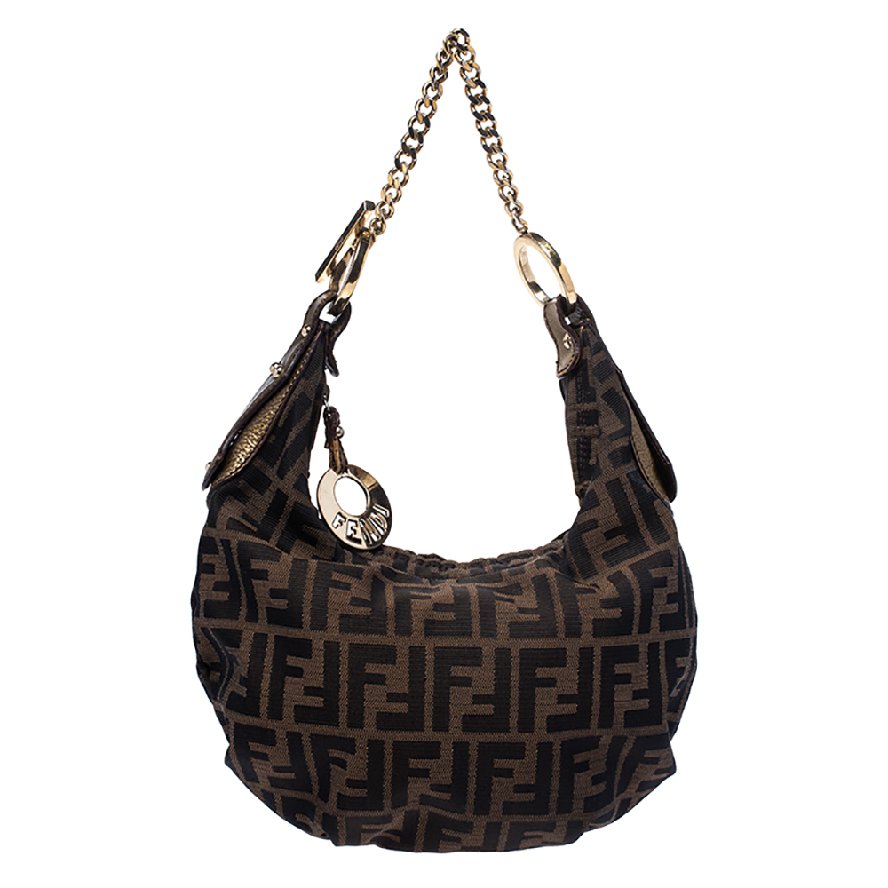 Pre Owned Fendi Brown/Gold Zucca Canvas and Leather Chef Chain Link Hobo