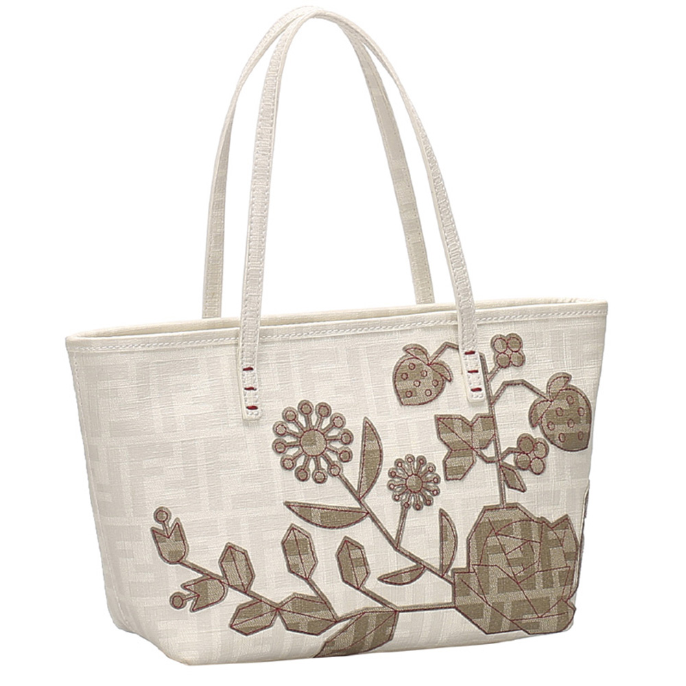 

Fendi White Floral Zucca Canvas Spalmati Tote Bag, Beige