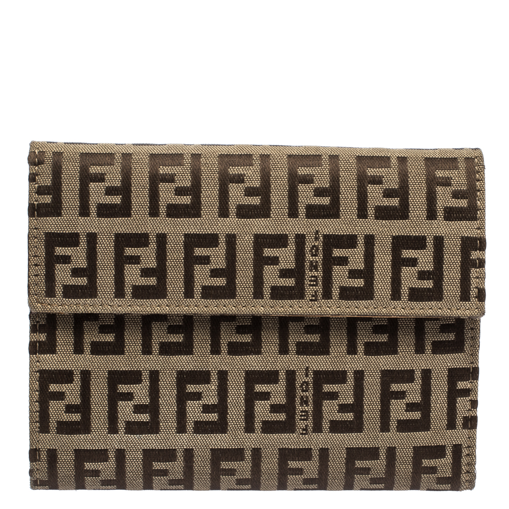 Pre Owned Fendi Beige Zucchino Canvas Trifold Compact Wallet