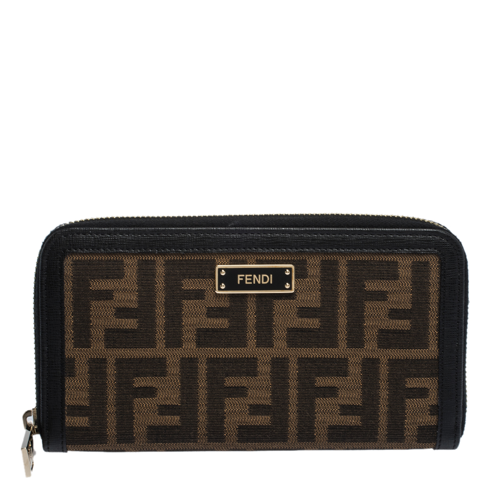 Pre Owned Fendi Brown/Black Zucca Canvas and Leather Zip Around Wallet
