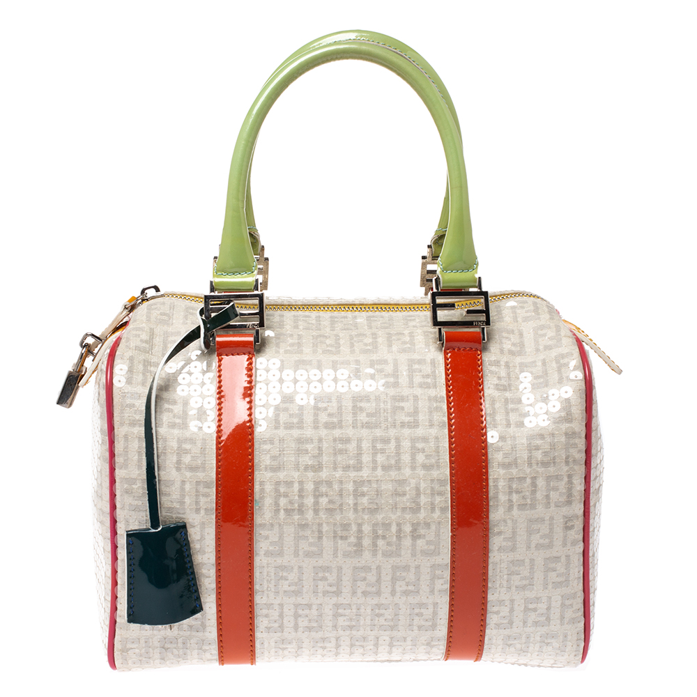 Pre Owned Fendi Multicolor Zucchino Coated Canvas/Sequins and Patent Leather Small Forever Bauletto Boston Bag