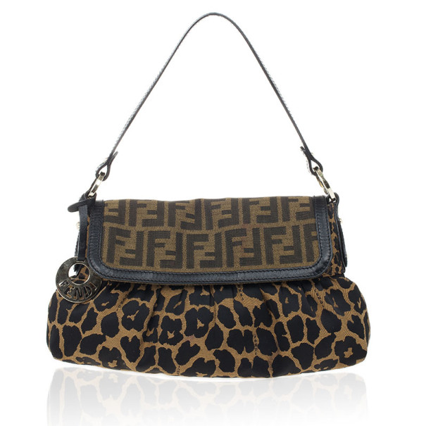 Pre Owned Fendi Brown Chef Zucca Jacquard Leopard Flap Bag