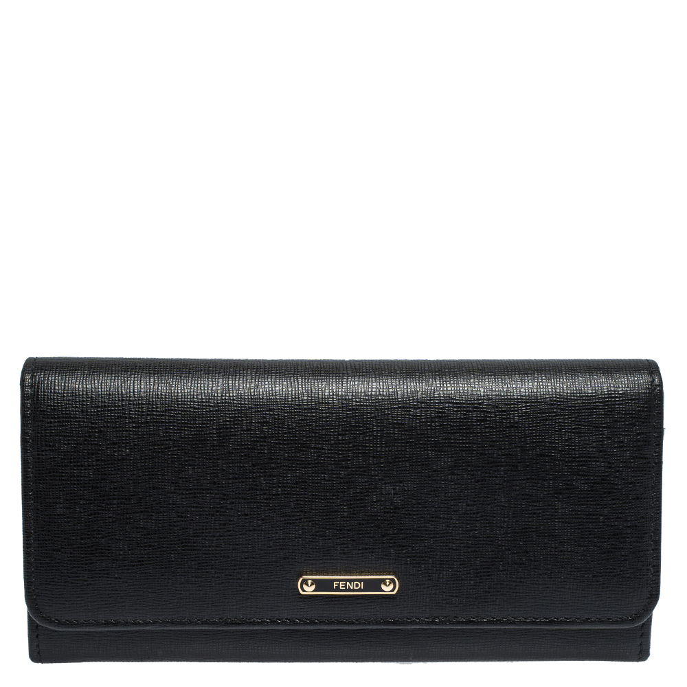 Pre Owned Fendi Black Leather Elite Continental Wallet