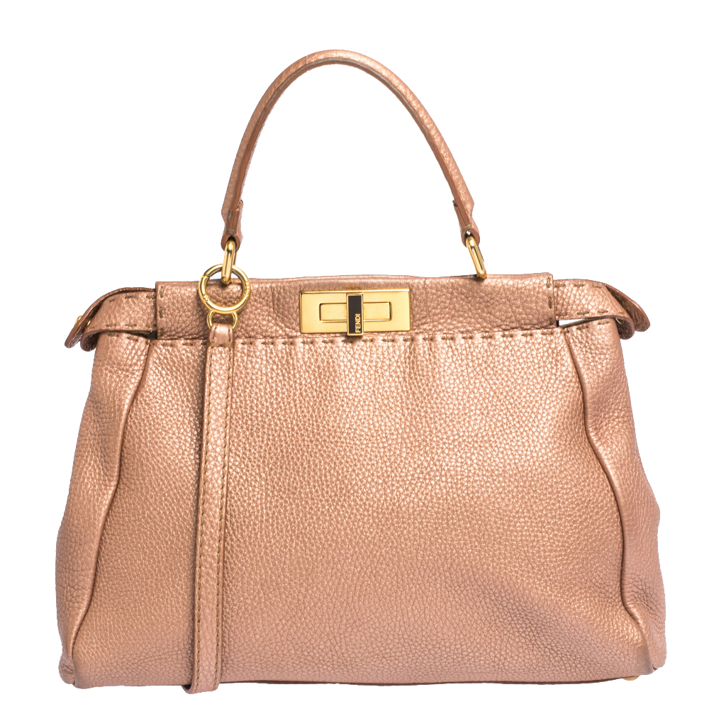 Pre Owned Fendi Metallic Peach Selleria Leather Medium Peekaboo Top Handle Bag