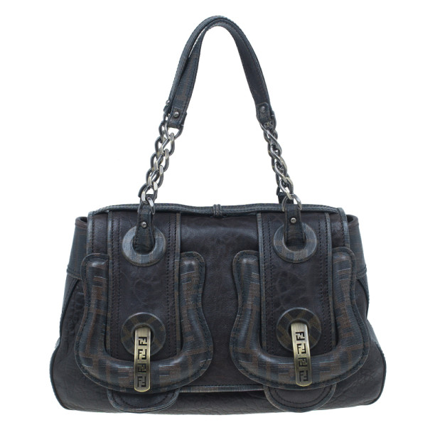 Pre Owned Fendi Brown Zucca Leather and Coated Canvas Trim B Bag