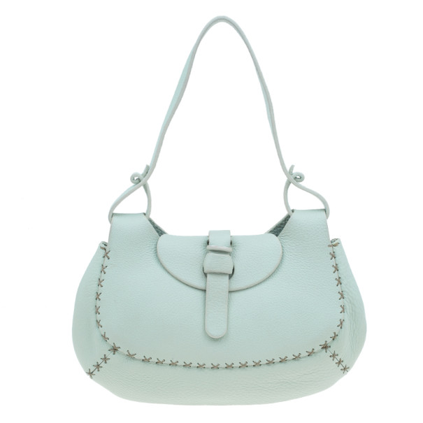 Pre Owned Fendi Light Green Leather Selleria Hobo