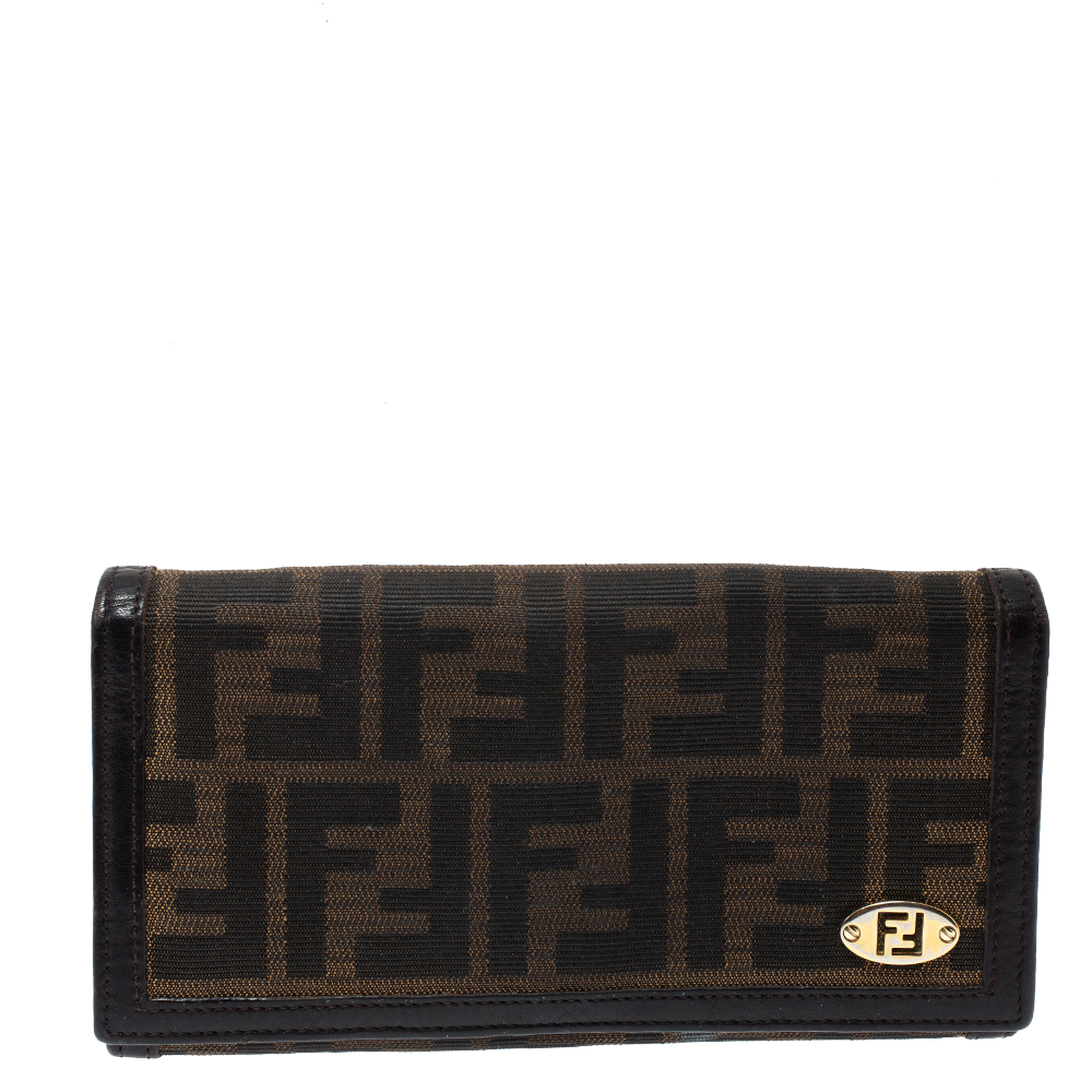 Pre Owned Fendi Tobacco Zucca Canvas Continental Flap Wallet