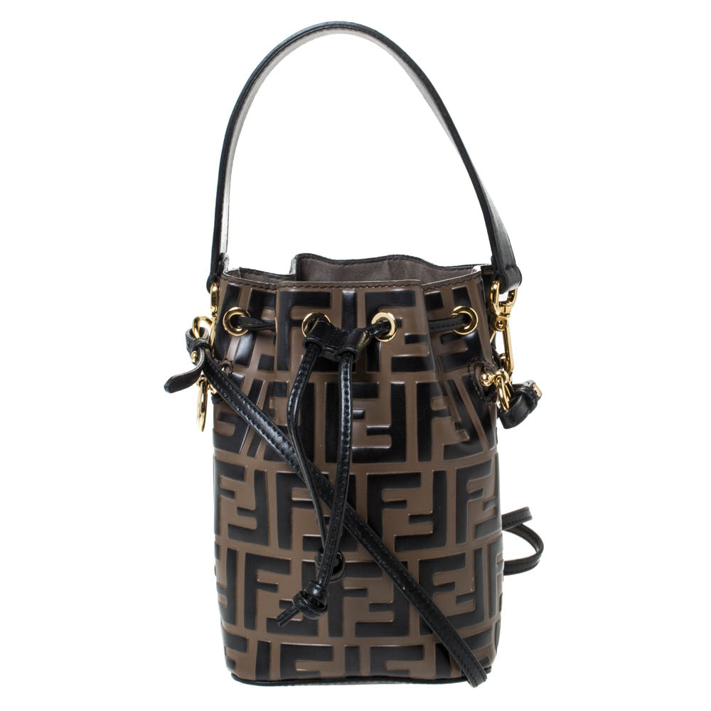 Fendi Brown/Black Zucca Leather Mini Mon Tresor Drawstring Bucket Bag ...