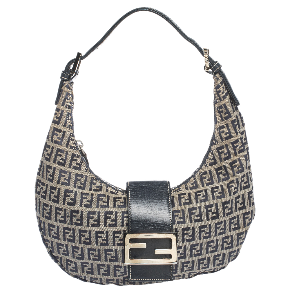 Pre Owned Fendi Navy Blue Zucchino Canvas and Leather Flap Hobo
