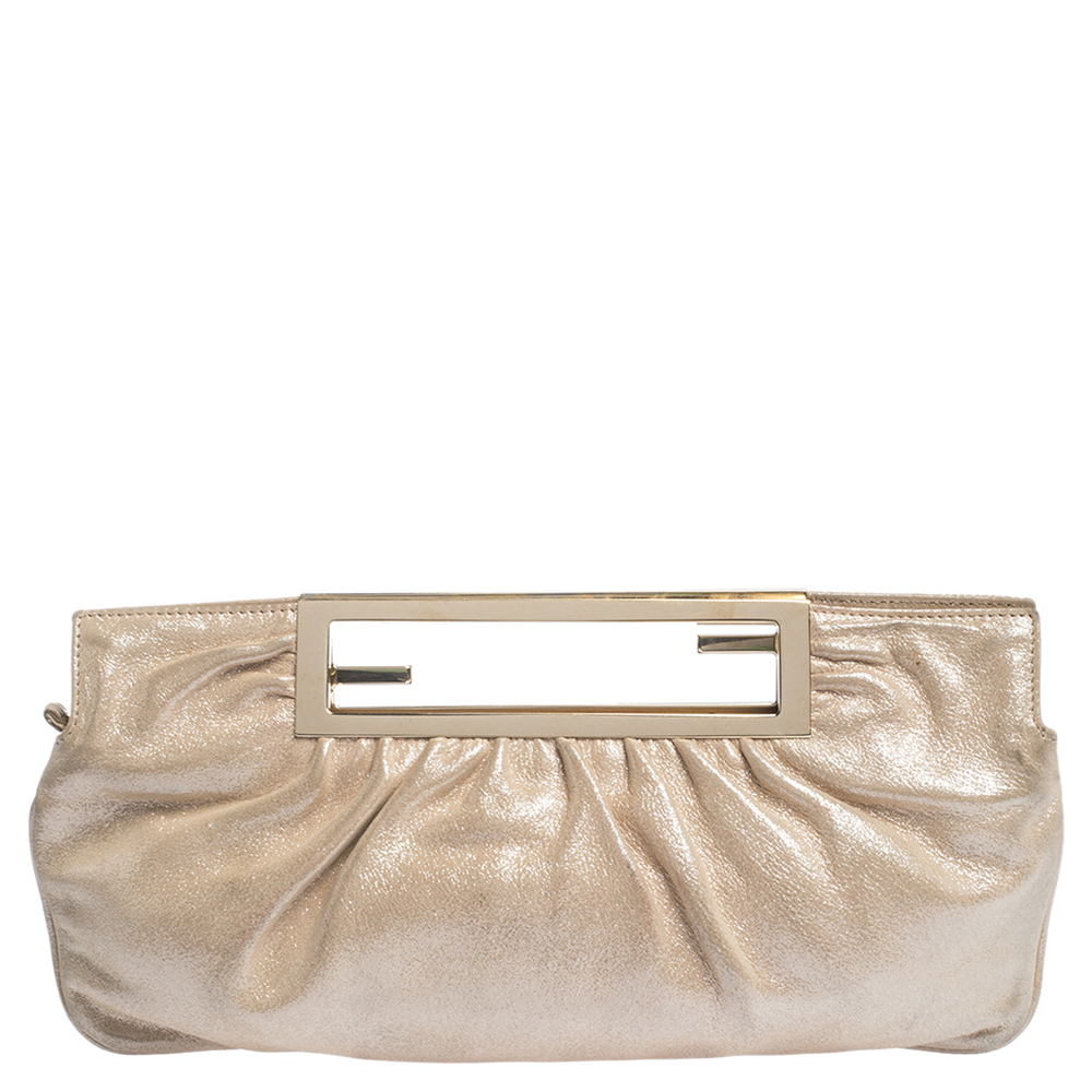 Pre Owned Fendi Metallic Beige Leather Cutout Handle Clutch