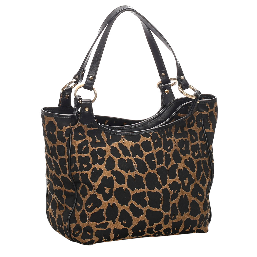 

Fendi Brown Leopard Print Canvas Leather Tote Bag, Black