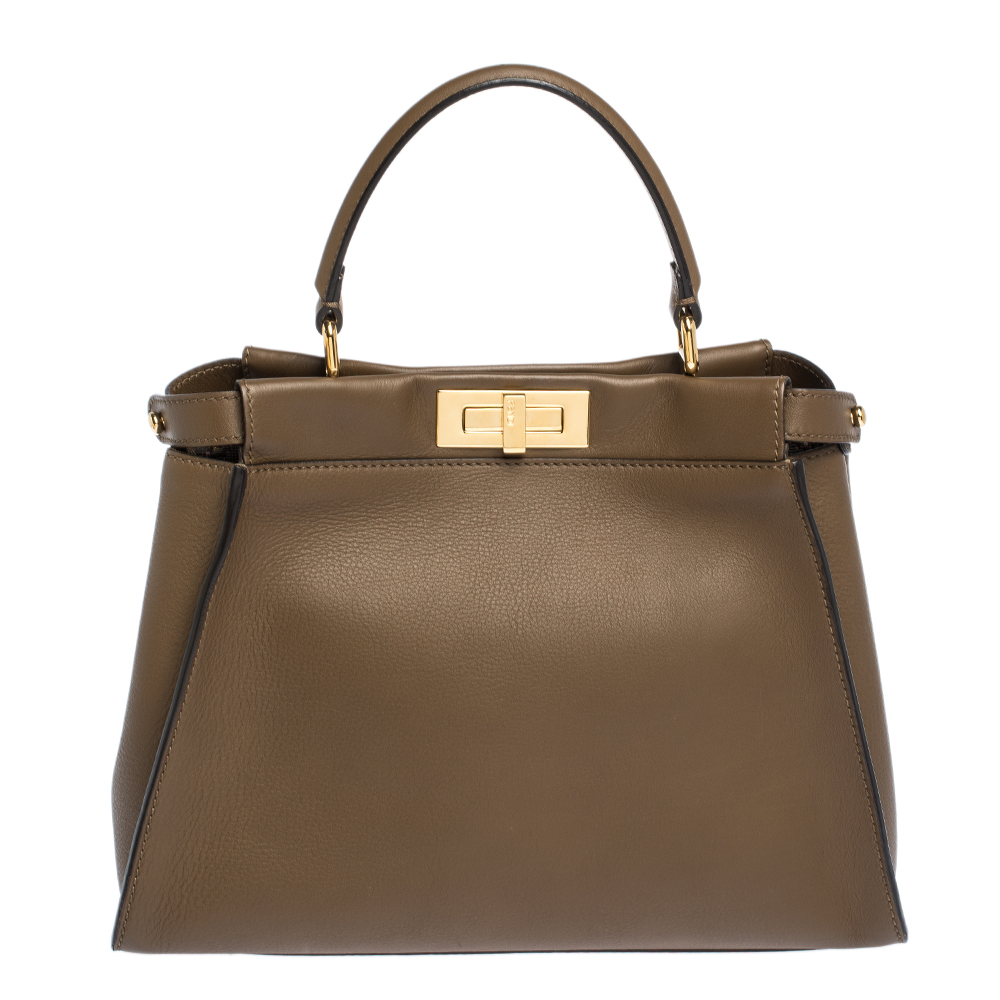 Pre Owned Fendi Brown Leather Medium Peekaboo Top Handle Bag