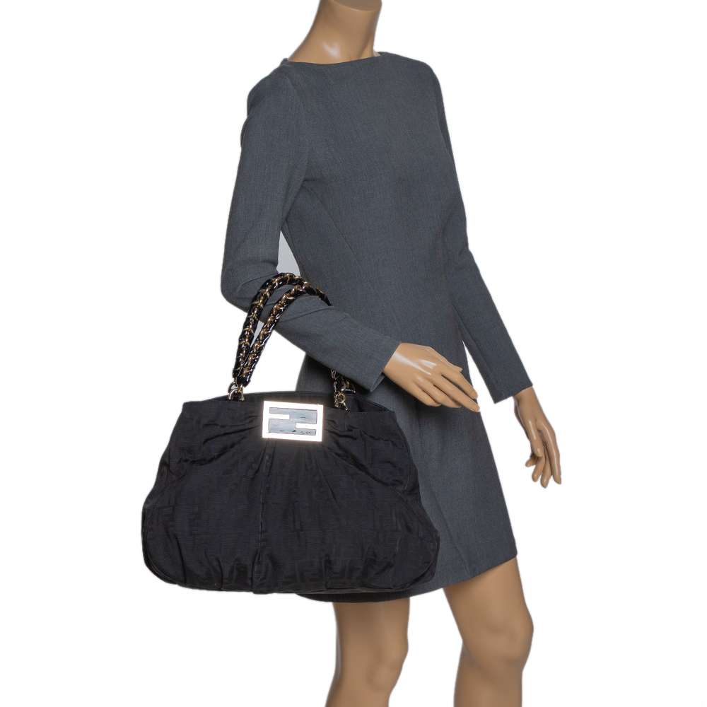 

Fendi Black Canvas and Patent Leather Large Mia Shoulder Bag