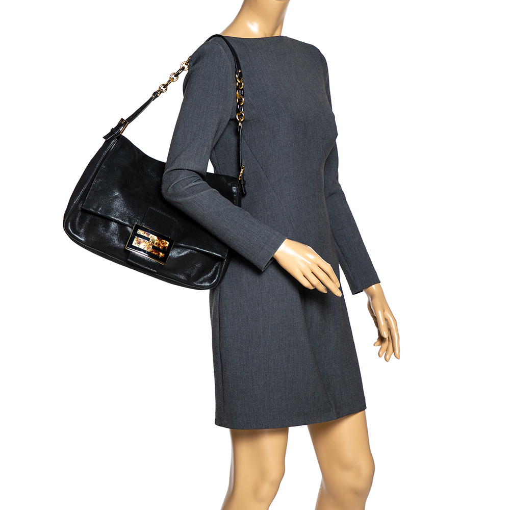 

Fendi Black Iridescent Leather Mama Forever Large Flap Shoulder Bag