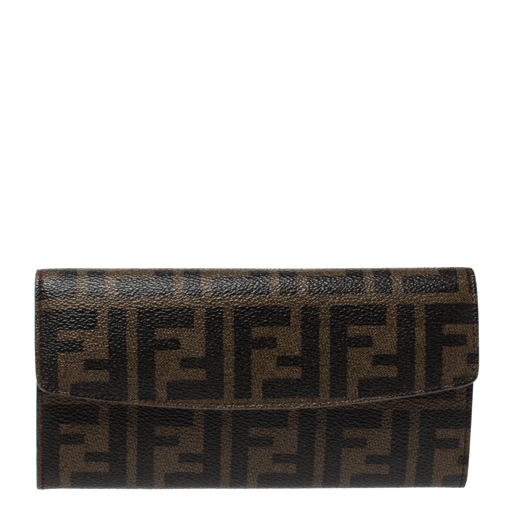 Pre Owned Fendi Tobacco Zucca Coated Canvas Continental Wallet