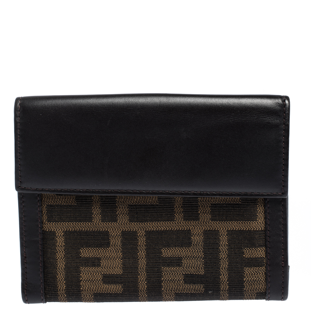 Pre Owned Fendi Tobacco Zucca Canvas and Leather Compact Wallet