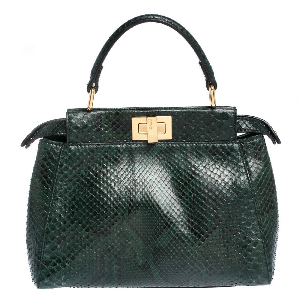 Pre Owned Fendi Green Python Mini Peekaboo Top Handle Bag