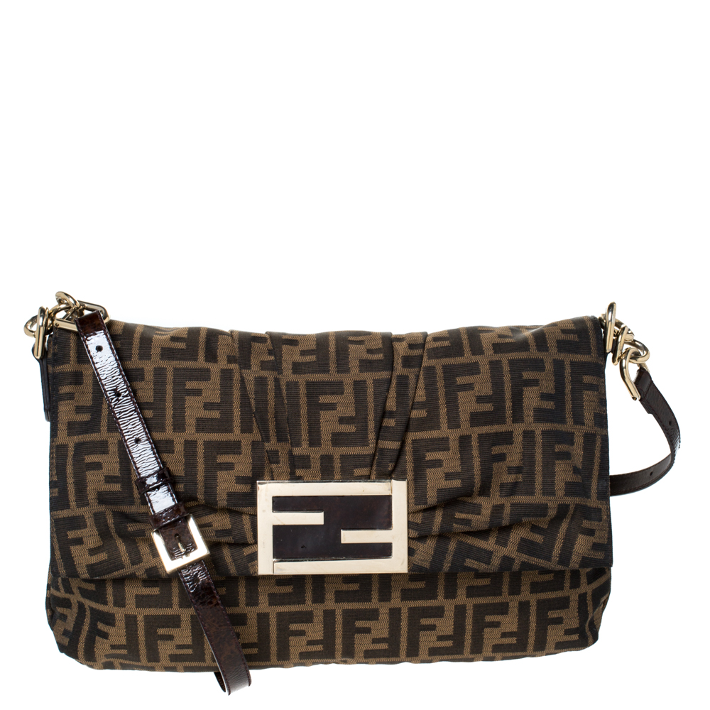 Pre Owned Fendi Tobacco Zucca Canvas and Patent Leather Mia Crossbody Bag