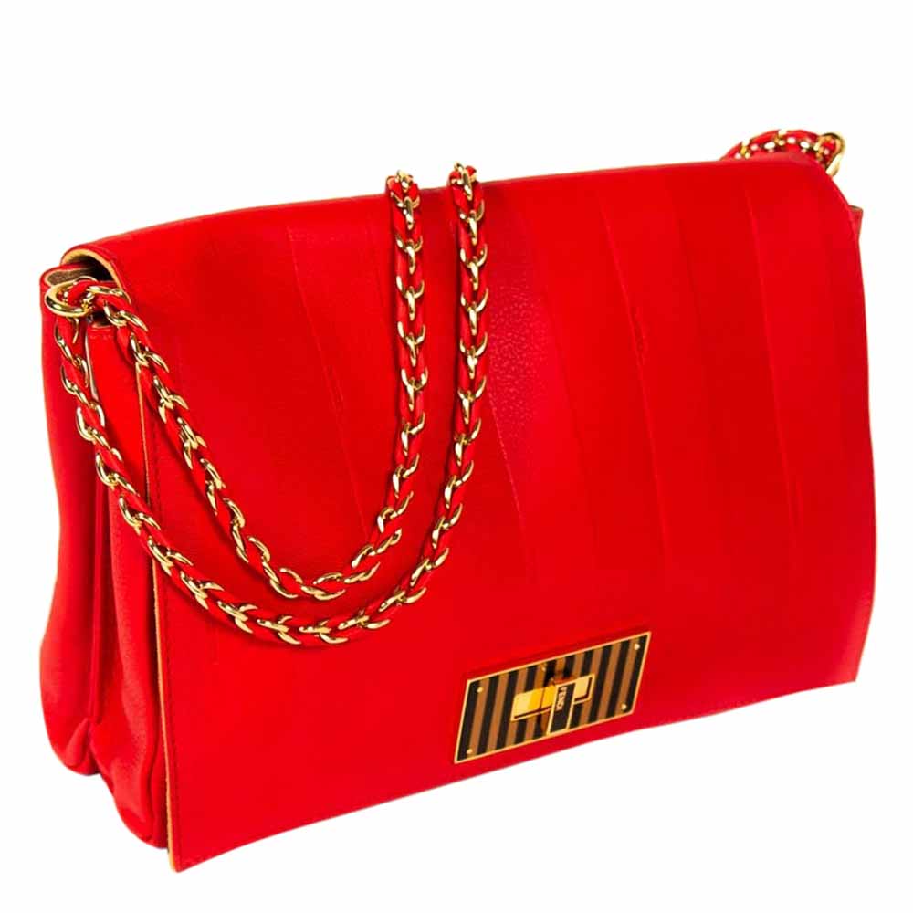 

Fendi Red Embossed Leather Claudia Large Flap Bag