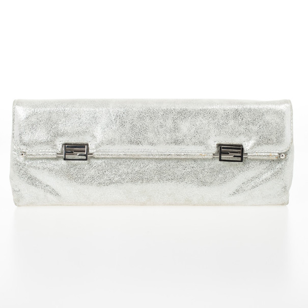 Pre Owned Fendi Forever Metallic Silver Suede Clutch 