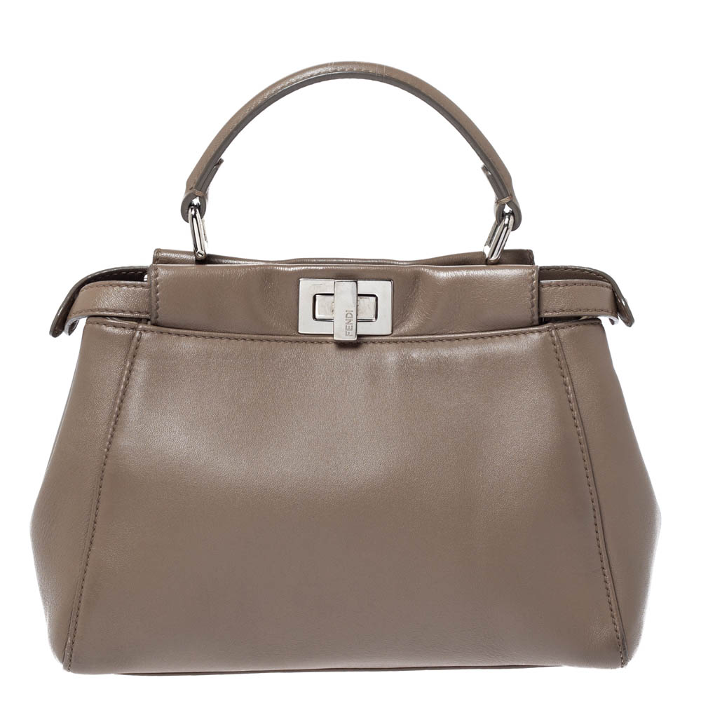 Pre Owned Fendi Beige Leather Mini Peekaboo Top Handle Bag