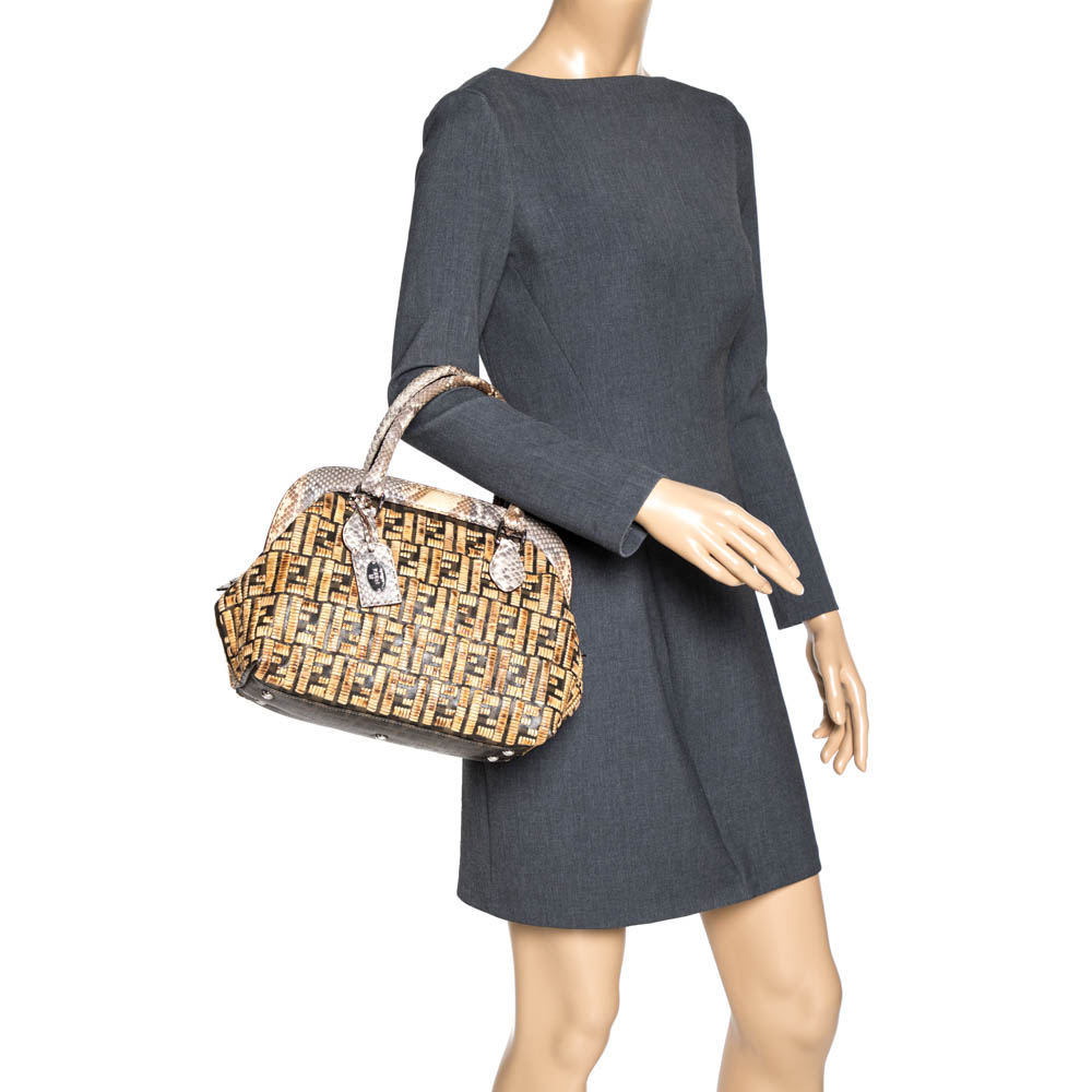 

Fendi Beige/Brown Zucca Coated Canvas, Rattan and Python Adele Satchel