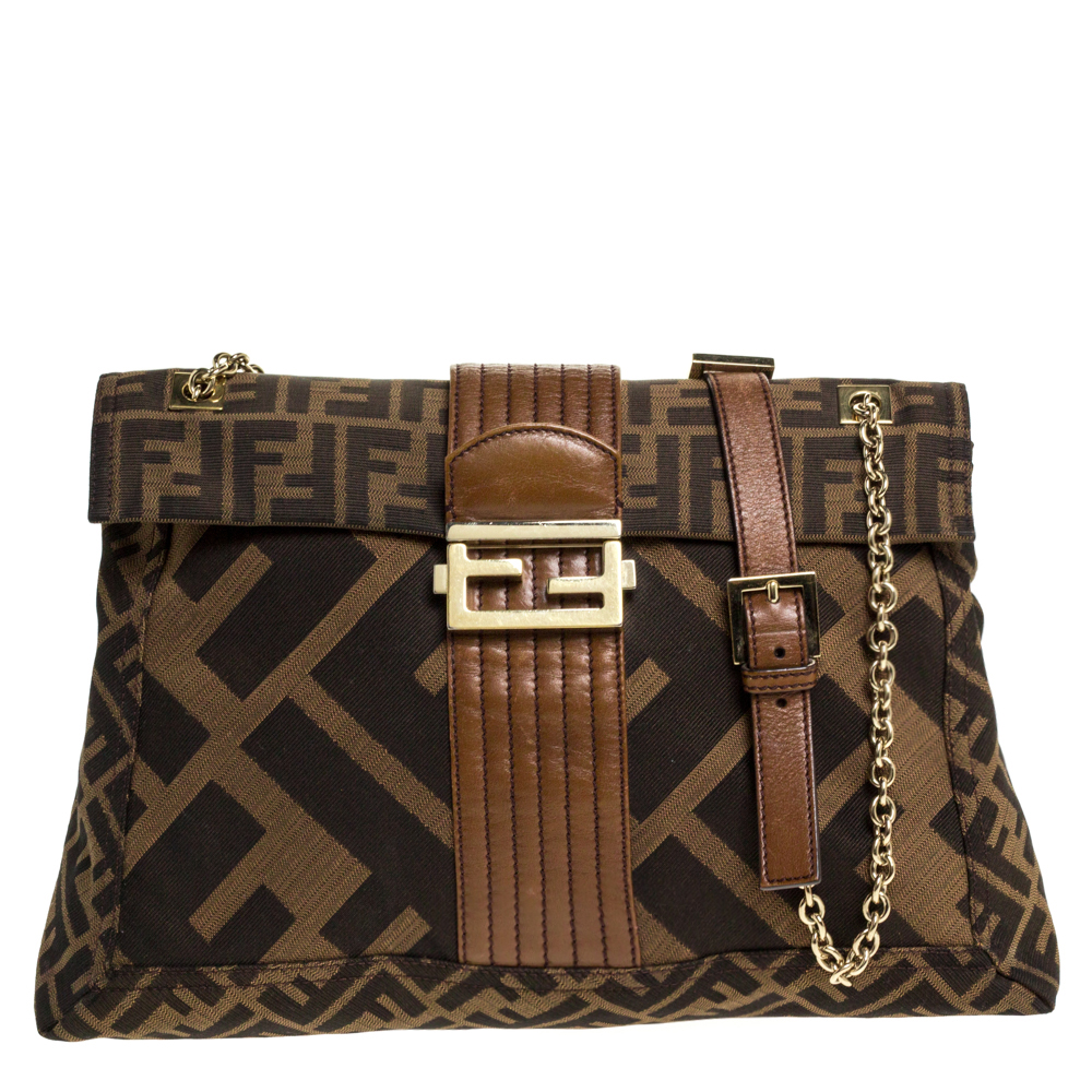 Fendi Tobacco Zucca Canvas and Leather Maxi Baguette Flap Shoulder Bag