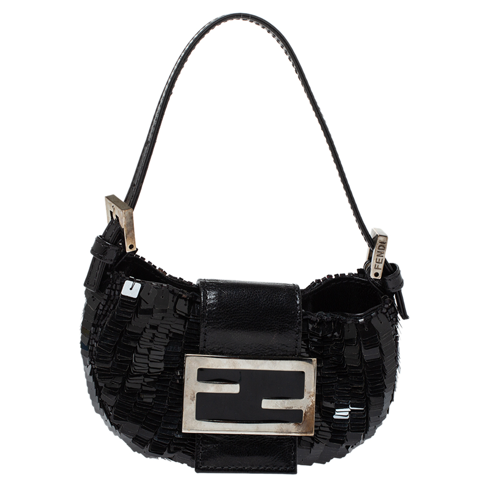Pre Owned Fendi Black Sequin and Leather Bag