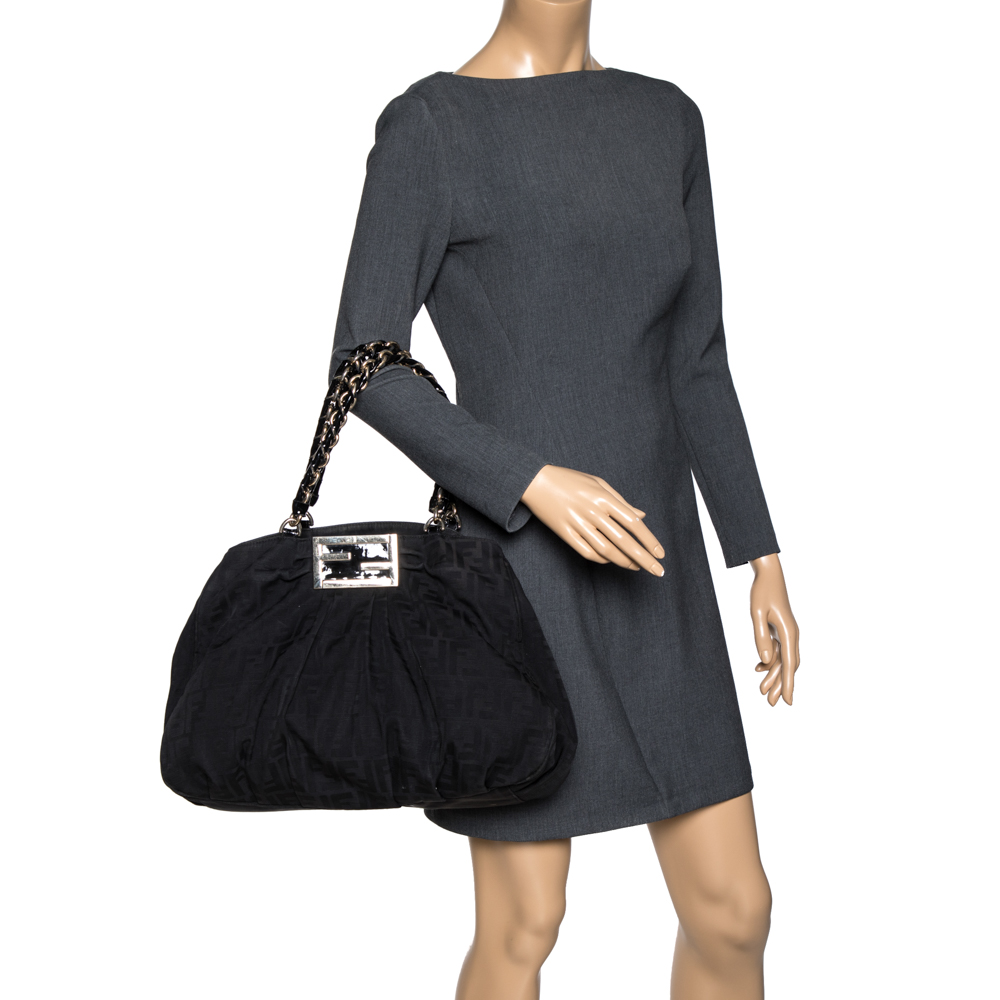 

Fendi Black Canvas and Patent Leather Large Mia Shoulder Bag