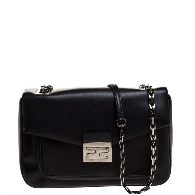Pre Owned Fendi Black Leather Flap Shoulder Bag