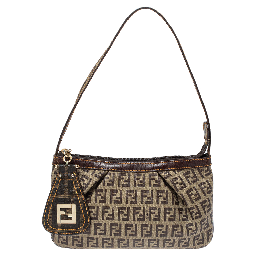 Pre Owned Fendi Brown/Beige Zucchino Coated Canvas and Leather Pochette Bag