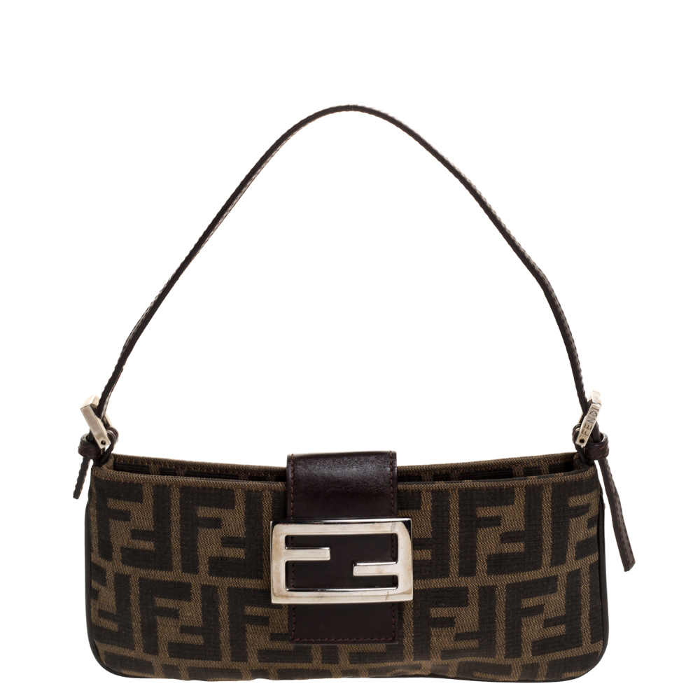 Pre Owned Fendi Tobacco Zucca Canvas and Leather Flap Pochette Bag