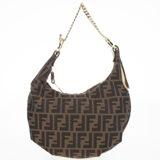 Pre Owned Fendi Tobacco/Gold Zucca Canvas and Leather Chef Chain Link Hobo