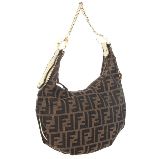 

Fendi Tobacco/Gold Zucca Canvas and Leather Chef Chain Link Hobo, Brown