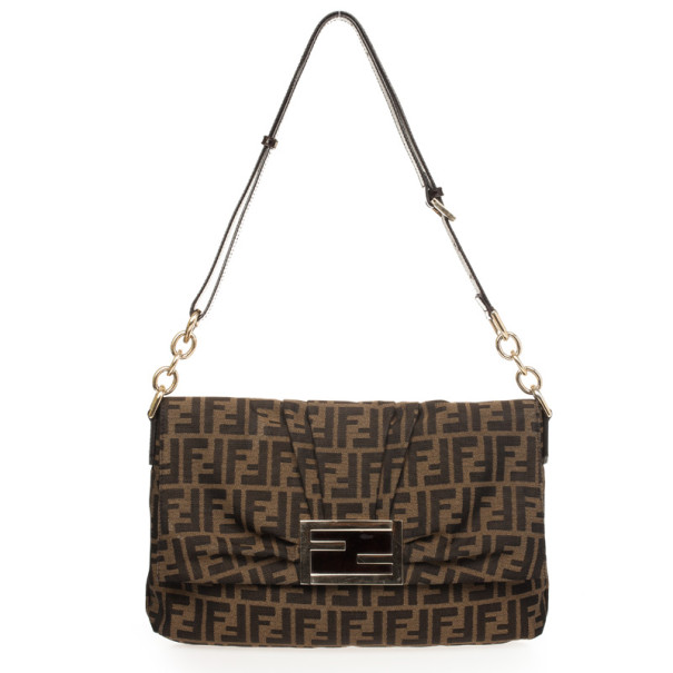 Pre Owned Fendi Brown Zucca 'New Forever' Flap Shoulder Bag