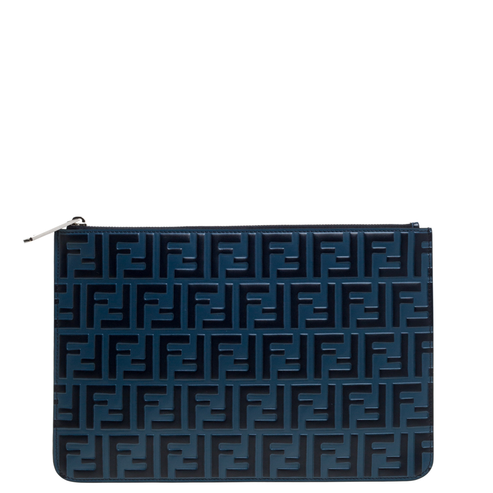 Pre Owned Fendi Navy Blue Zucca Embossed Leather Pouch