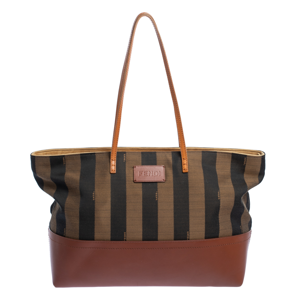 Fendi Brown Pequin Canvas, Leather  and Suede Roll Tote