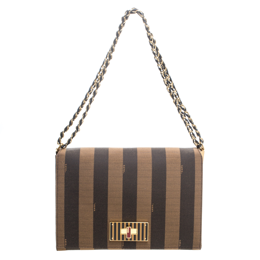 مملوكة مسبقًا Fendi Tobacco Pequin Stripe Canvas Large Claudia Shoulder Bag