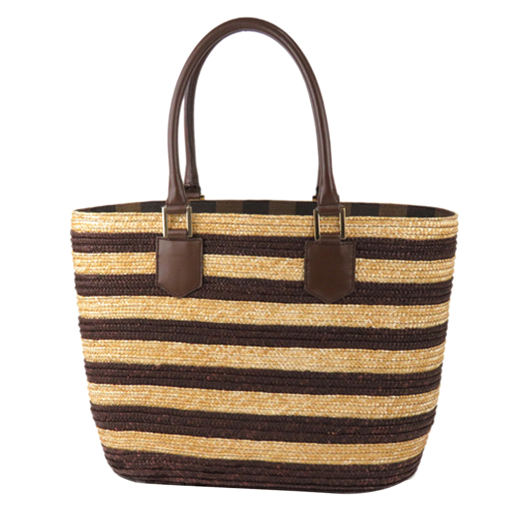 

Fendi Brown Pequin Straw Tote, Beige