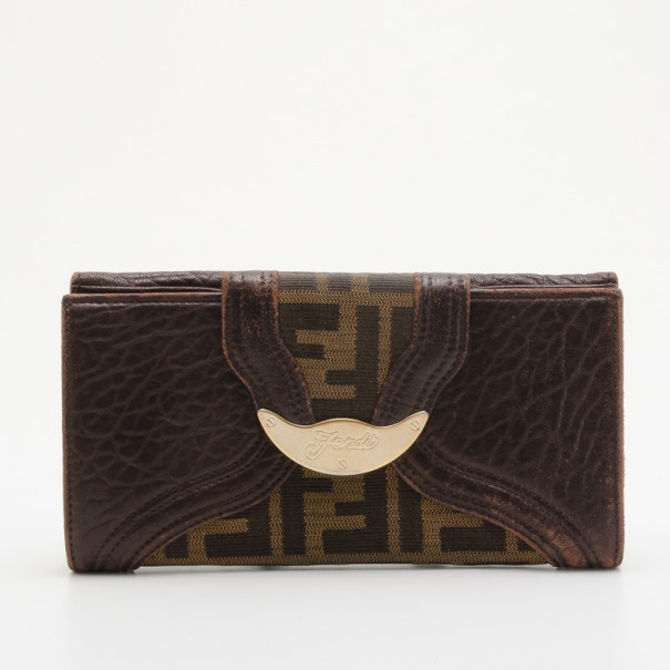 Pre Owned Fendi Zucca Canvas Leather Flap Continental Wallet