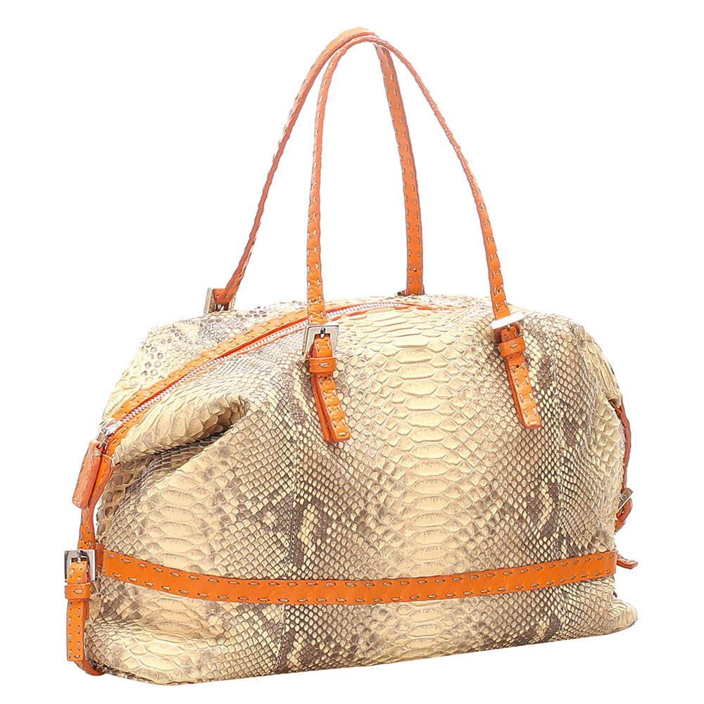 

Fendi Brown/Orange Python Leather Selleria Shoulder Bag, Beige