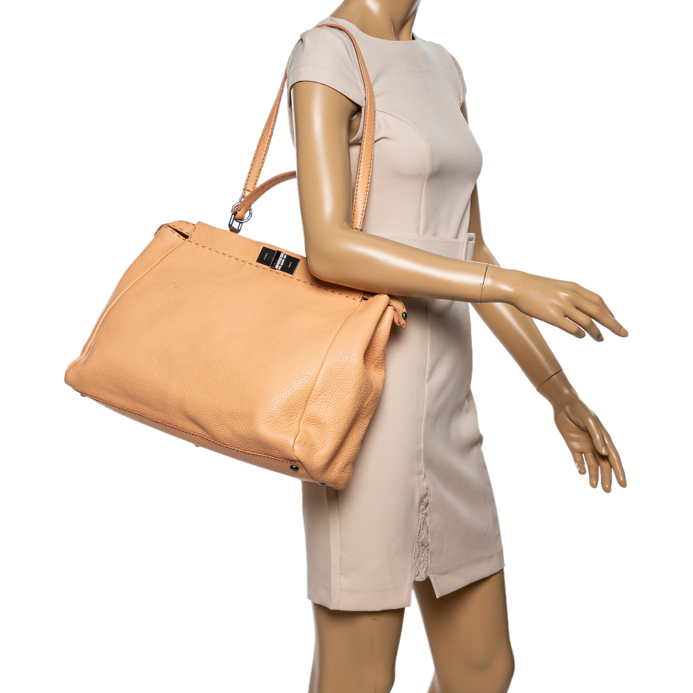 

Fendi Peach Selleria Leather Large Peekaboo Top Handle Bag, Orange