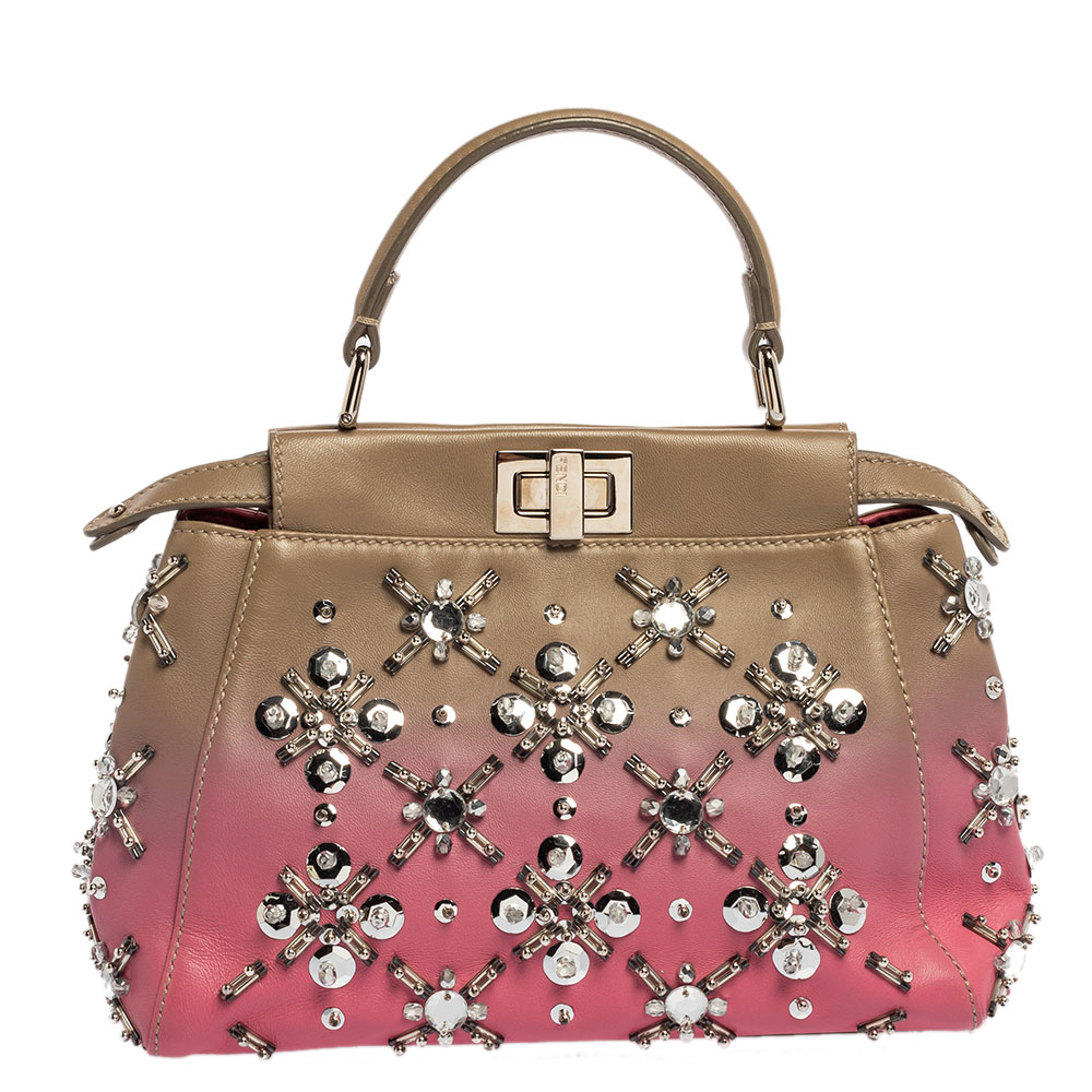 Fendi Pink/Beige Ombre Leather Mini Peekaboo Crystal Embellished Top Handle Bag