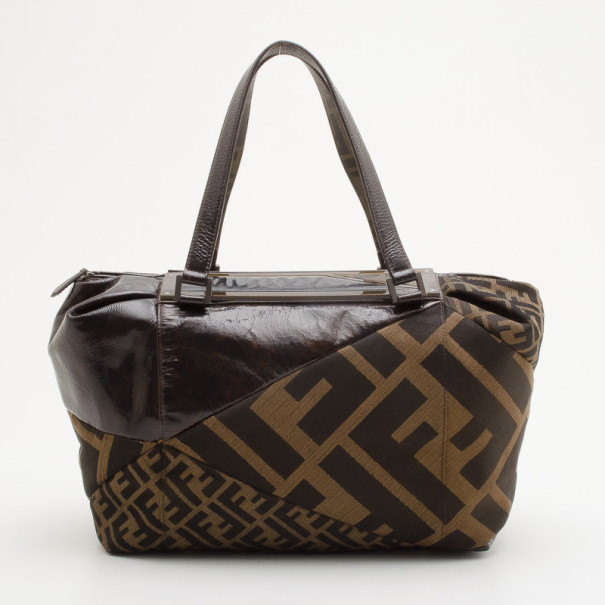 Pre Owned Fendi Tobacco Zucca Canvas Patent Satchel