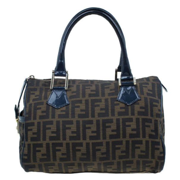 مملوكة مسبقًا Fendi Navy Blue Canvas Medium Zucca Boston Bag