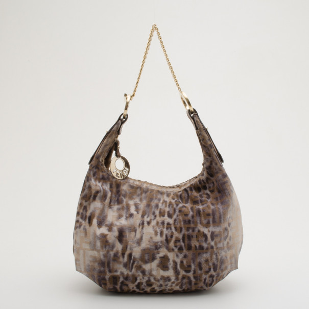 Pre Owned Fendi Zucca Leopard Print Chef Chain Hobo