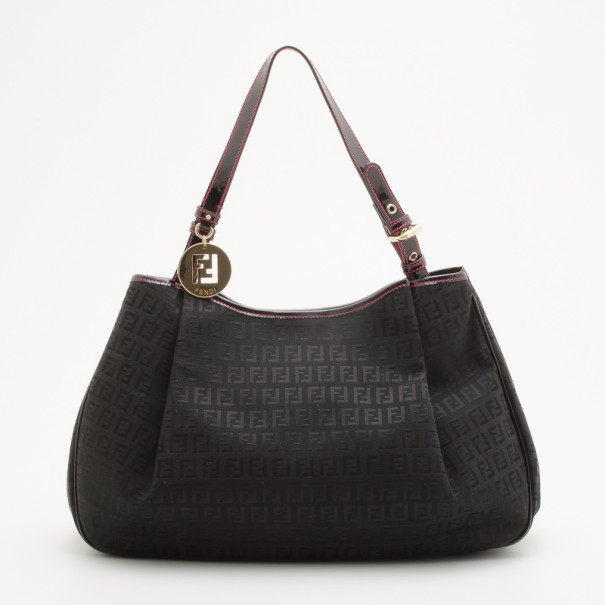 Pre Owned Fendi Black And Pink Zucchino Canvas Charm Detail Hobo