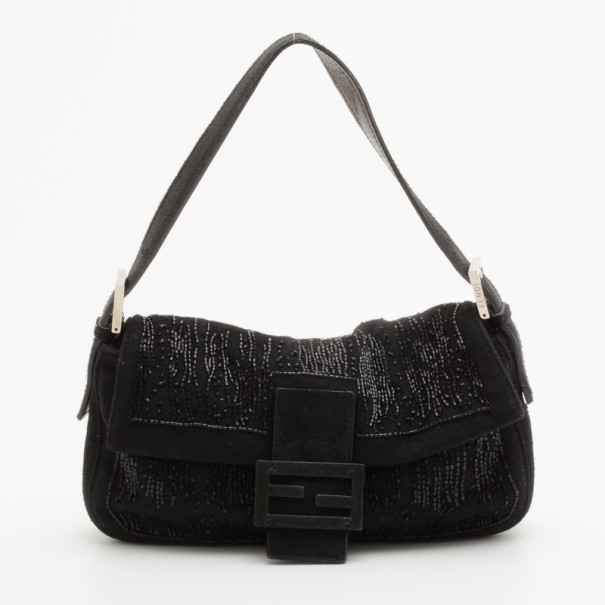 Pre Owned Fendi Black Beaded Suede Shoulder Bag