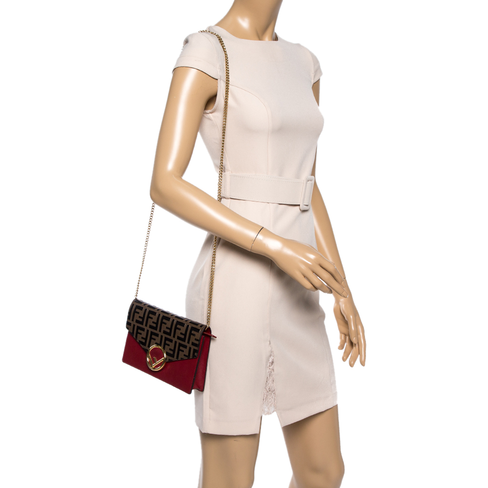

Fendi Red/Brown Embossed Leather F Wallet On Chain